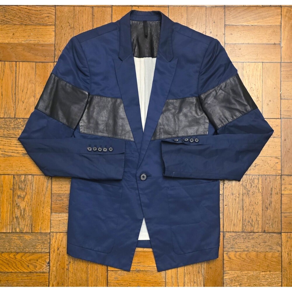 Jehee Sheen Mixed Media Blazer Navy Black Leather Panel Mens M US 38 Avant Garde